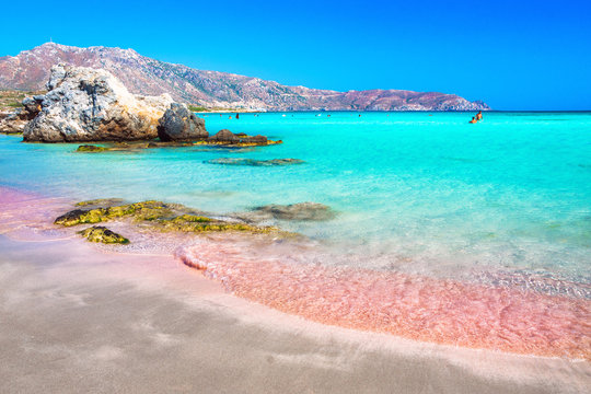 Tropical beach with turquoise water and red sand, in Elafonisi, Crete, Greece