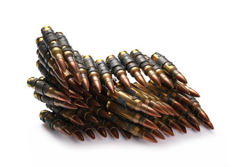 Bullet belt, bandoleer, machine gun ammo isolated on white background