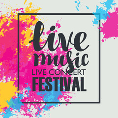 Vector poster for music festival with colored abstract spots and the inscription live music on white background