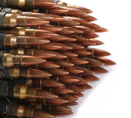 Bullet belt, bandoleer, machine gun ammo isolated on white background