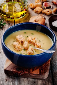 homemade cream soup with croutons