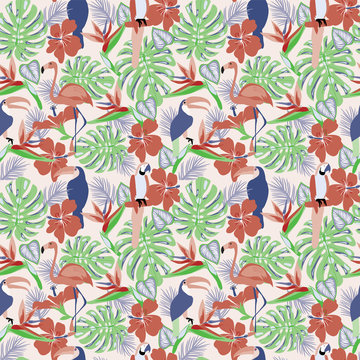 Tropical plants and flowers with toucan, parrot, flamingo birds exotic seamless decorative background