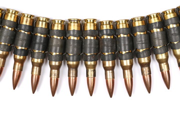 Bullet belt, bandoleer, machine gun ammo isolated on white background, top view