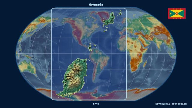 Grenada - 3D tube zoom (Kavrayskiy VII projection). Relief