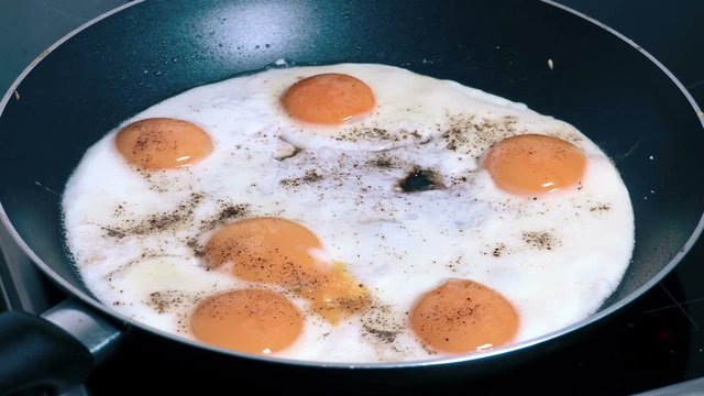 Fried eggs in pan on the electric stove