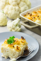 Chicken cauliflower casserole. Selective focus, close up.