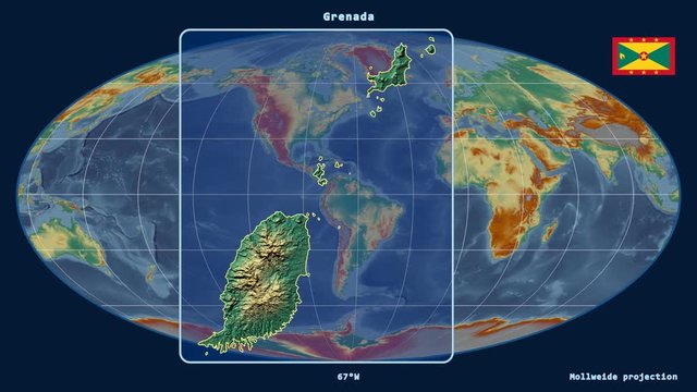 Grenada - 3D tube zoom (Mollweide projection). Relief