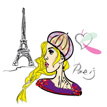 Blonde girl with braid in a beret. Parisian woman, on a background of the Eiffel Tower