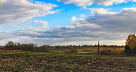 Fototapeta na wymiar Panorama of typical Ukrainian rural landscape in autumn. Agricultural fields and forest on the horizon in Lypovets, Ukraine