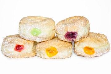 Donuts for hanukkah celebration on white background.