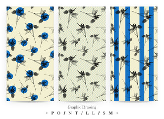 Set of seamless patterns with Clematis flowers and blue stripes on yellow background. Graphic drawing, pointillism technique. Botanical natural collection. Floral illustration drawn by hand
