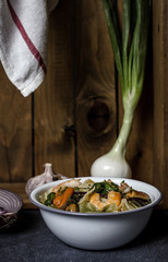 Italian pasta  with seafood. Mussels; Prawns