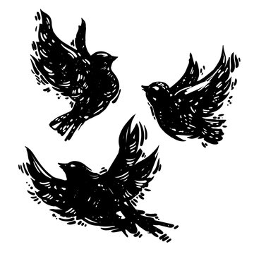 Hand drawn linocut style vector set of flying birds