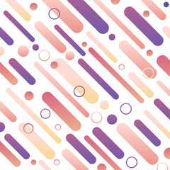Stylish modern colorful pattern on white background. Design composition of violet and pink round spots and diagonal lines. Vector illustration.