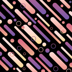 Stylish modern colorful pattern on black background. Design composition of violet and pink round spots and diagonal lines. Vector illustration.