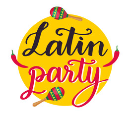 Fototapeta premium Latin party hand-drawn lettering with maracas and chilly pepper on yellow background for colorful latin dance party banner. Vector illustration