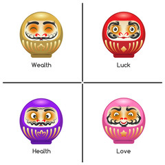 Happy daruma dolls set for healht, wealth, love, and luck, vector illustration