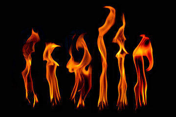 Fire flame isolated set on black isolated background - Beautiful yellow, orange and red and red...