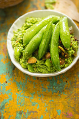 Edamame, soybeans, sugar snap peas, spinach, lemon roasted seeds with pea dip