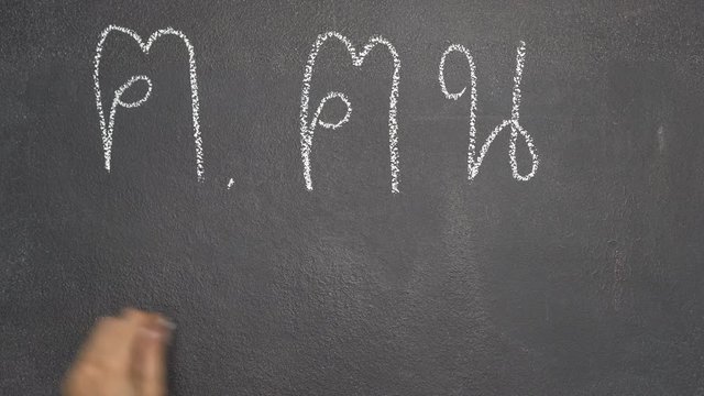 Woman's hand writing Thai letter "ฅ" with white chalk on blackboard