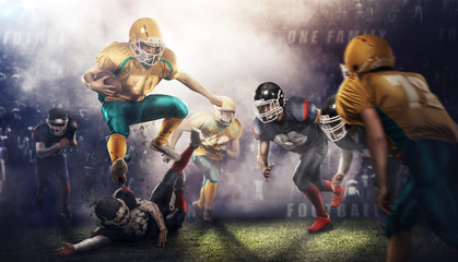 Brutal football action on 3d sport arena. mature players with ball