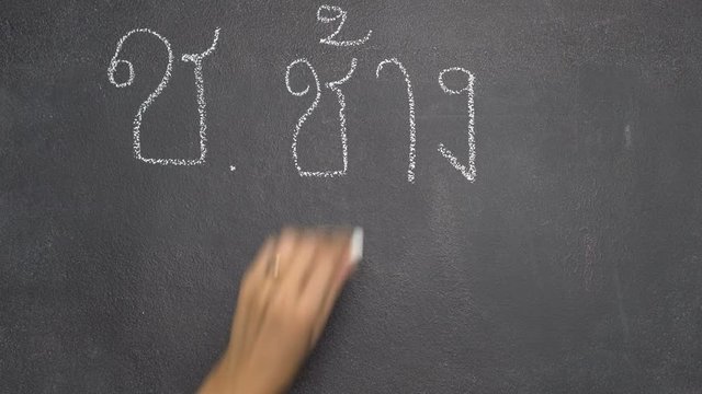 Woman's hand writing Thai letter "ช" with white chalk on blackboard