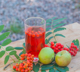 autumn drink, berry mountain ash and apples.