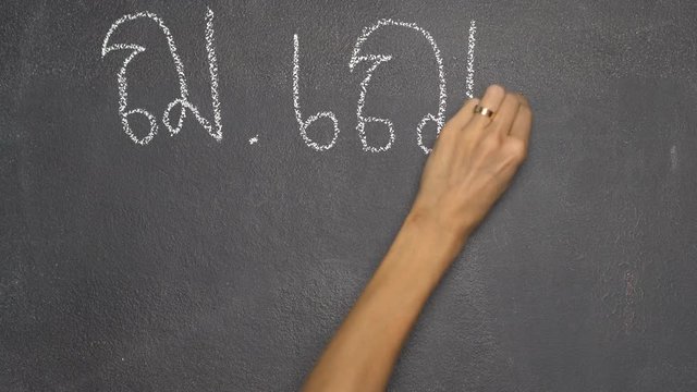 Woman's hand writing Thai letter "ฌ" with white chalk on blackboard