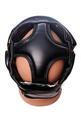 An image of a black boxing helmet on a white background
