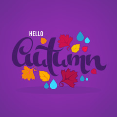 Hello Autumn, bright fall leaves and lettering composition flyer or banner template