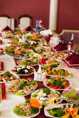 Close up of severed table with different food and dish, meat, fruits, fish in restaurant. Taste evening for big company. 