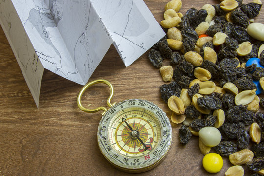 Compass, Hiking Map And Trail Mix