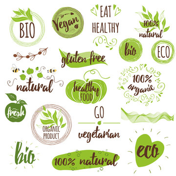 Bio, Ecology, Organic logos, icons, labels, tags. Hand drawn set with vegan, natural badges