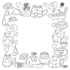 Cute doodle cats, kitty Domestic cats Vector sets with cute kittens for pet shop, cattery, veterinary clinic Doodle pattern for banner, poster, textile Children kids drawing for kindergarten