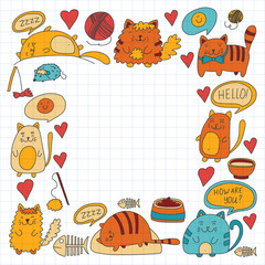 Cute doodle cats, kitty Domestic cats Vector sets with cute kittens for pet shop, cattery, veterinary clinic Doodle pattern for banner, poster, textile Children kids drawing for kindergarten