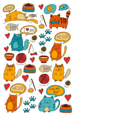 Cute doodle cats, kitty Domestic cats Vector sets with cute kittens for pet shop, cattery, veterinary clinic Doodle pattern for banner, poster, textile Children kids drawing for kindergarten