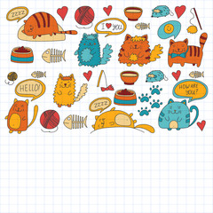 Cute doodle cats, kitty Domestic cats Vector sets with cute kittens for pet shop, cattery, veterinary clinic Doodle pattern for banner, poster, textile Children kids drawing for kindergarten