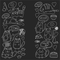 Cute doodle cats, kitty Domestic cats Vector sets with cute kittens for pet shop, cattery, veterinary clinic Doodle pattern for banner, poster, textile Children kids drawing for kindergarten