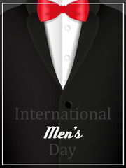 black jacket and red bow tie with text "international men's day"