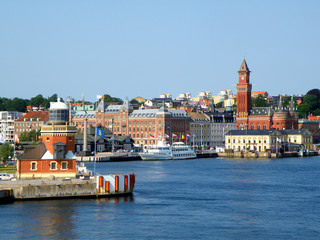Fototapeta na wymiar Picturesque cityscape of Helsingborg view from the ferry on The Sound or Oresund strait, Helsingborg, Sweden 