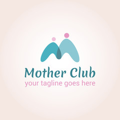 Two intersecting figures of people forming the letter M. Vector logo template for mother club, care during pregnancy, protection or pregnancy support. EPS10. Creative logotype.