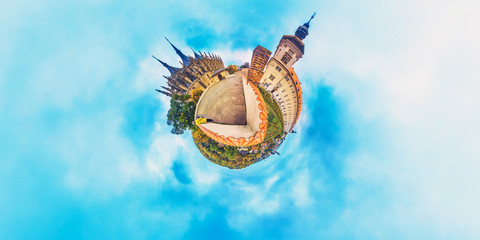 Orange little planet panorama with cathedrals and cyan sky. Europe, Czech, Kutna Gora. © Stanislau