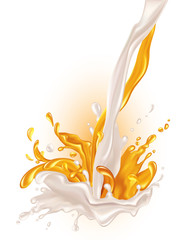 Splashes of milk and juice. White and orange liquid is poured and mixed. Vector illustration. 