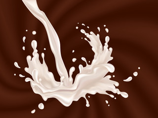 Milk splash. Realistic white drops with splash against a background of waves of chocolate. Natural dairy products. Vector illustration 