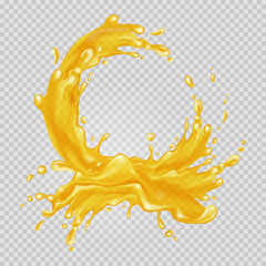 Transparent orange liquid splash. Juice background. Water, honey, oil, juice, beer, shampoo. Vector illustration. 