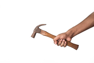 hand and Hammer strike nail on isolated background