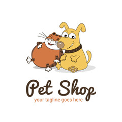 Vector logo template for pet shop,  veterinary clinic. Creative  logotype idea for animal feed. Illustration of cute dog and  cat, cartoon-style.