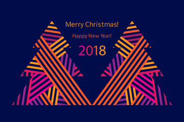 Greeting card with abstract Christmas trees. Happy New Year 2018. Vector.