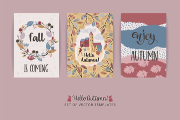Set of artistic creative autumn cards. Hand Drawn textures and brush lettering.