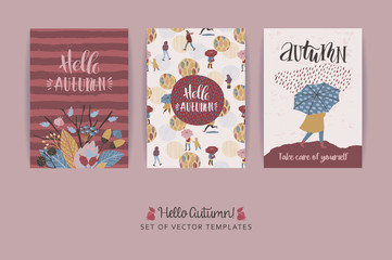 Set of artistic creative autumn cards. Hand Drawn textures and brush lettering.